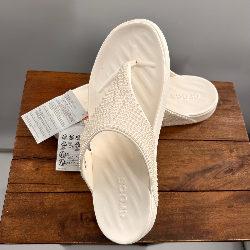 Crocs Kadee II Embellished Flip Flops Bone White Studded Sandals Womens 11 NEW